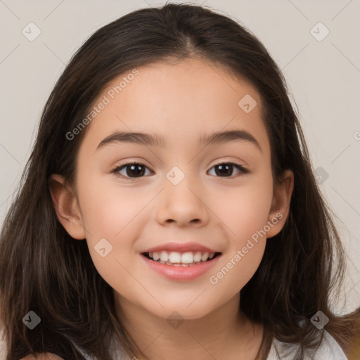 Joyful white child female with long  brown hair and brown eyes