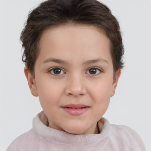 Joyful white child female with short  brown hair and brown eyes