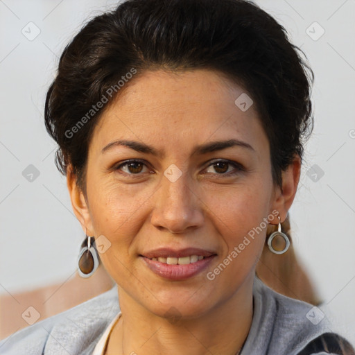 Joyful white adult female with short  brown hair and brown eyes