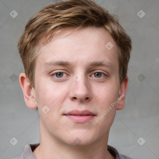 Neutral white young-adult male with short  brown hair and grey eyes