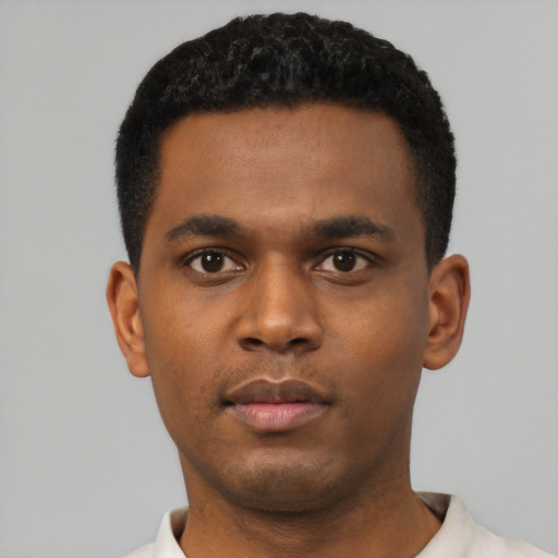 Neutral black young-adult male with short  black hair and brown eyes