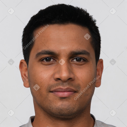 Neutral latino young-adult male with short  black hair and brown eyes