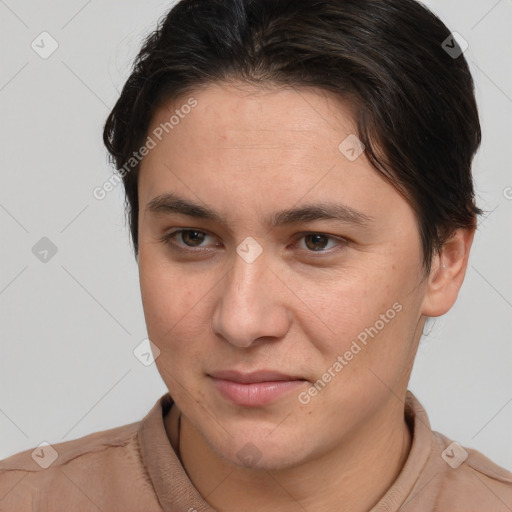 Joyful white young-adult female with short  brown hair and brown eyes