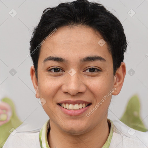 Joyful latino young-adult female with short  brown hair and brown eyes