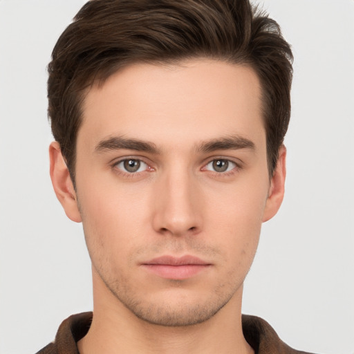 Neutral white young-adult male with short  brown hair and brown eyes