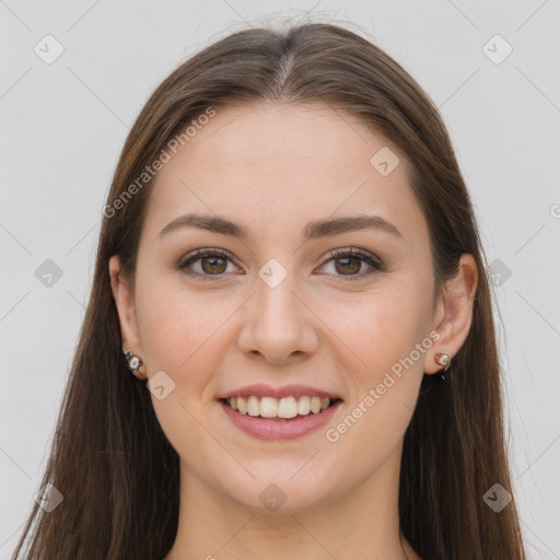 Joyful white young-adult female with long  brown hair and grey eyes