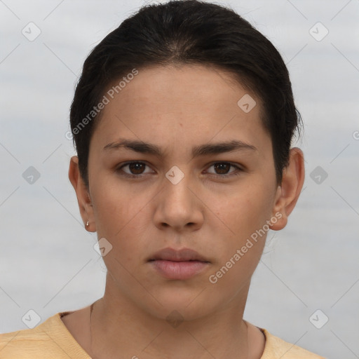 Neutral white young-adult female with short  brown hair and brown eyes