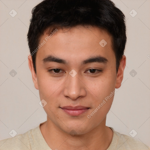 Joyful asian young-adult male with short  brown hair and brown eyes