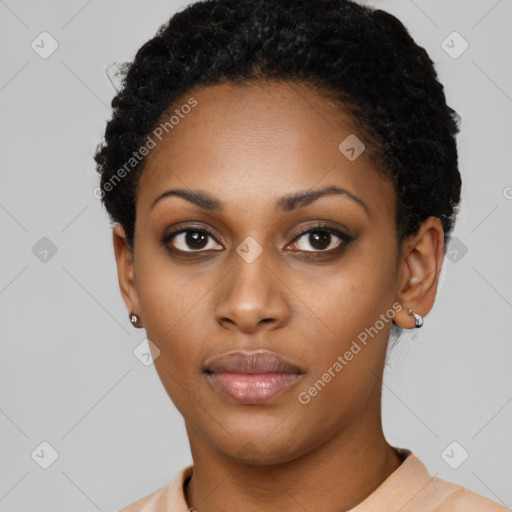 Neutral black young-adult female with short  black hair and brown eyes