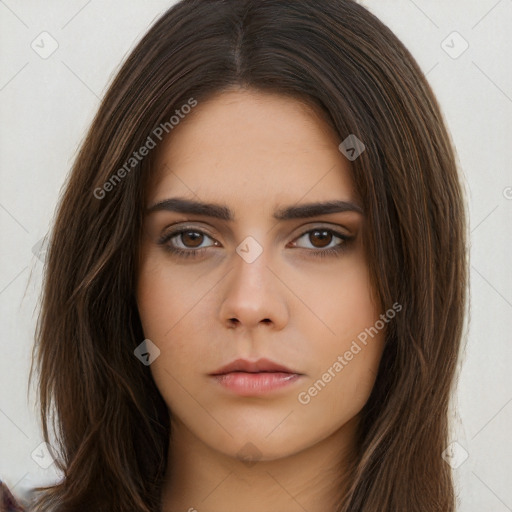 Neutral white young-adult female with long  brown hair and brown eyes