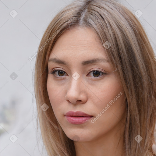 Neutral white young-adult female with long  brown hair and brown eyes