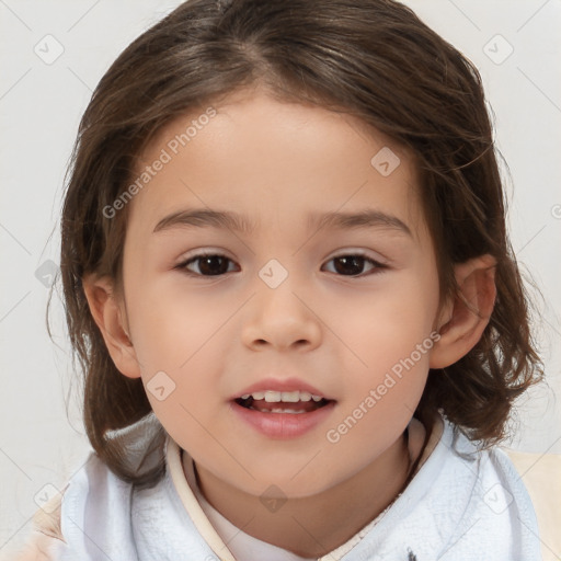 Joyful white child female with medium  brown hair and brown eyes