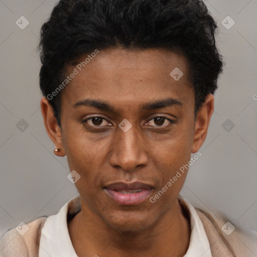 Neutral black young-adult male with short  black hair and brown eyes