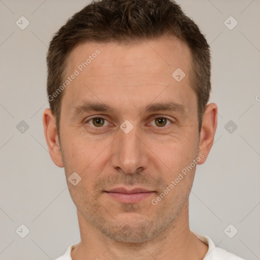 Neutral white adult male with short  brown hair and brown eyes