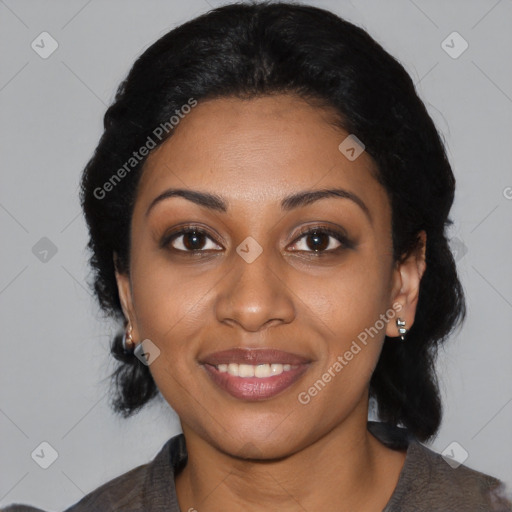 Joyful black young-adult female with medium  black hair and brown eyes