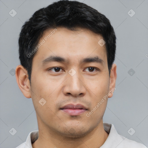 Neutral asian young-adult male with short  black hair and brown eyes