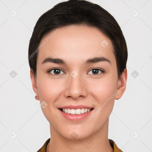 Joyful white young-adult female with short  brown hair and brown eyes