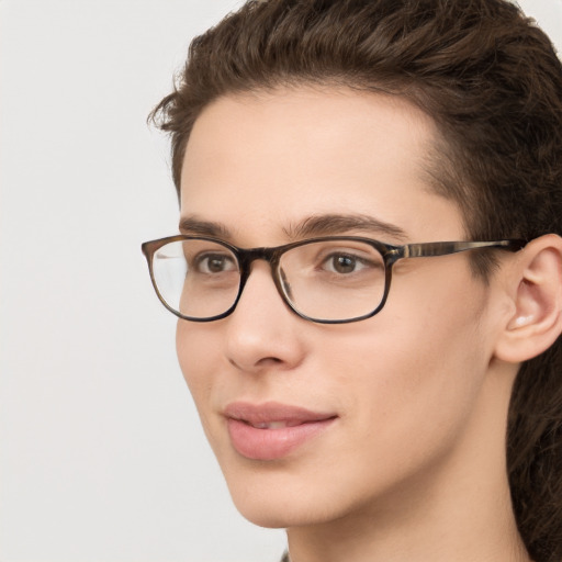 Neutral white young-adult female with short  brown hair and grey eyes