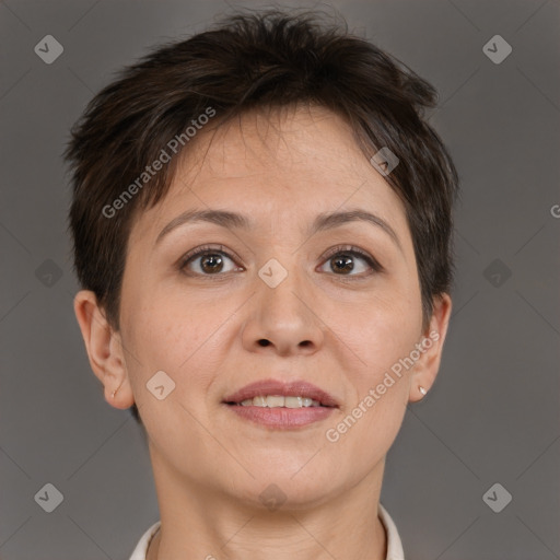 Joyful white adult female with short  brown hair and brown eyes