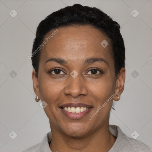 Joyful latino young-adult female with short  black hair and brown eyes