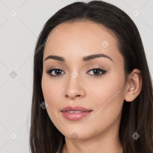 Neutral white young-adult female with long  black hair and brown eyes