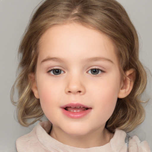 Joyful white child female with medium  brown hair and blue eyes