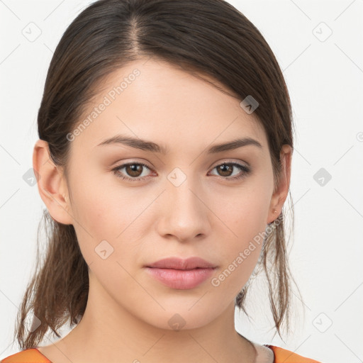 Neutral white young-adult female with medium  brown hair and brown eyes