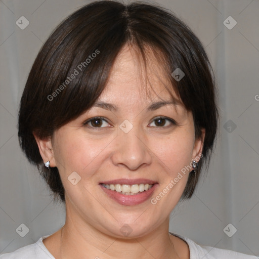 Joyful white adult female with medium  brown hair and brown eyes