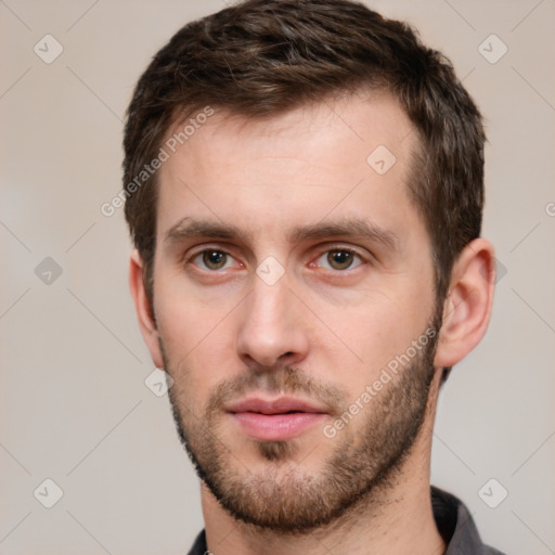 Neutral white young-adult male with short  brown hair and brown eyes