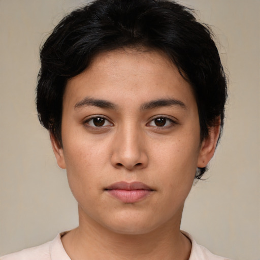 Neutral white young-adult female with short  brown hair and brown eyes