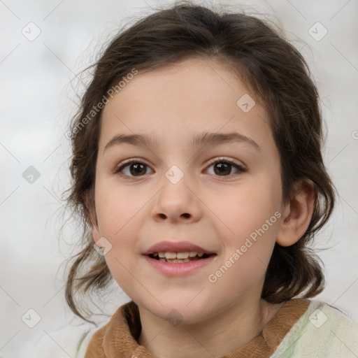 Joyful white child female with medium  brown hair and brown eyes