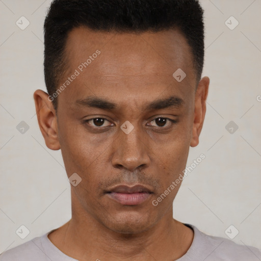 Neutral black young-adult male with short  black hair and brown eyes
