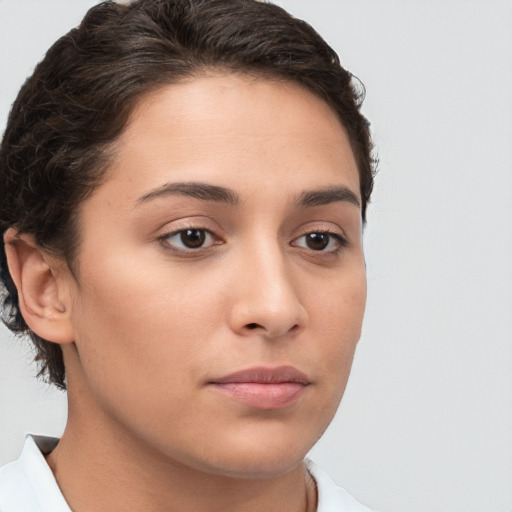 Neutral white young-adult female with short  brown hair and brown eyes