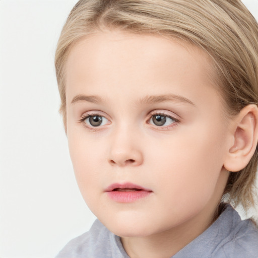 Neutral white child female with medium  brown hair and blue eyes