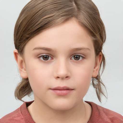 Neutral white child female with medium  brown hair and grey eyes