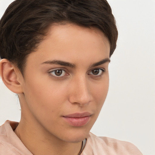 Neutral white young-adult female with short  brown hair and brown eyes