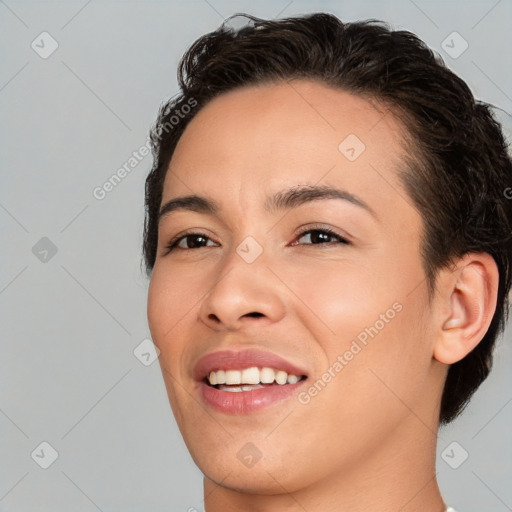 Joyful white young-adult female with short  brown hair and brown eyes