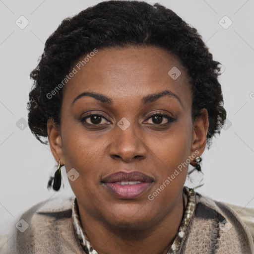 Joyful black adult female with short  brown hair and brown eyes