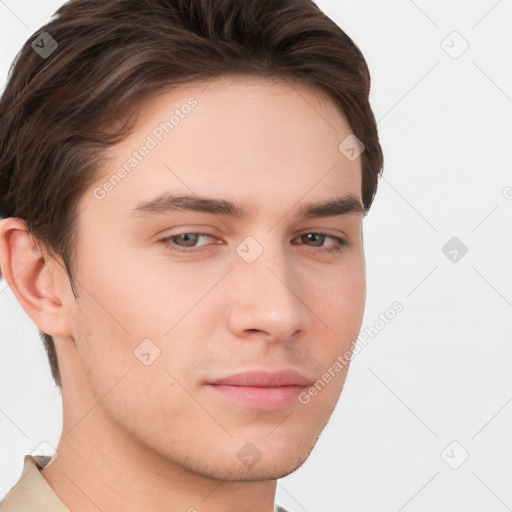 Neutral white young-adult male with short  brown hair and brown eyes