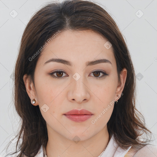 Neutral white young-adult female with long  brown hair and brown eyes