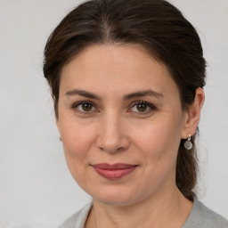 Joyful white adult female with medium  brown hair and brown eyes