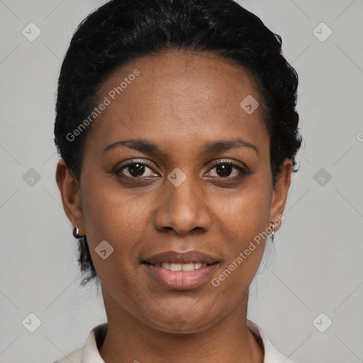 Joyful black young-adult female with short  black hair and brown eyes