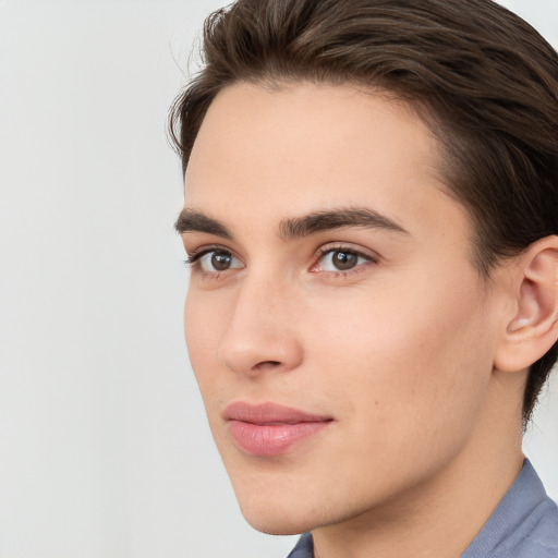 Neutral white young-adult male with short  brown hair and brown eyes