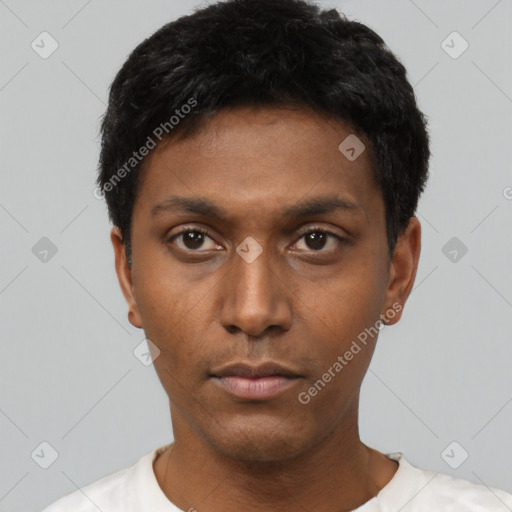 Neutral black young-adult male with short  black hair and brown eyes