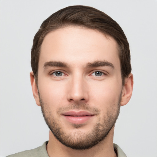 Neutral white young-adult male with short  brown hair and grey eyes