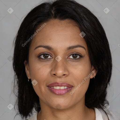 Joyful black young-adult female with medium  brown hair and brown eyes