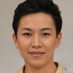 Joyful asian young-adult female with short  brown hair and brown eyes