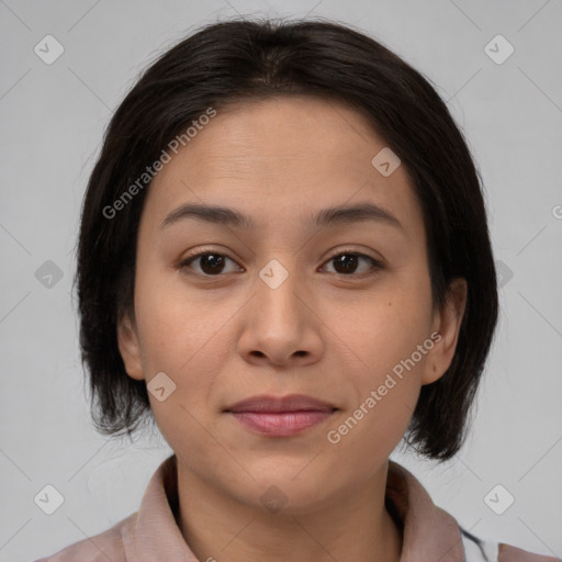 Joyful asian young-adult female with medium  brown hair and brown eyes