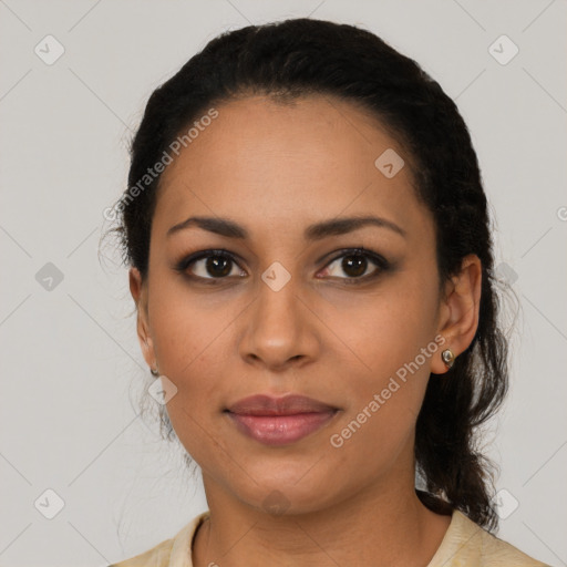 Joyful latino young-adult female with medium  black hair and brown eyes