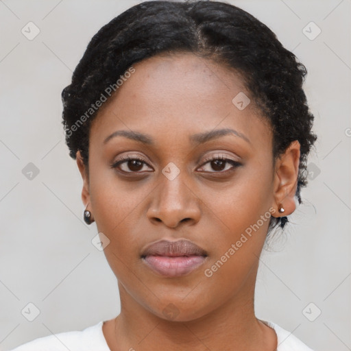 Neutral asian young-adult female with short  black hair and brown eyes